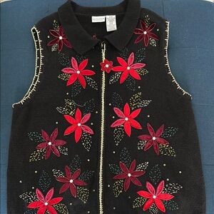 Vintage Poinsettia Ugly Christmas sweater vest, beaded, sequin, velvet detail